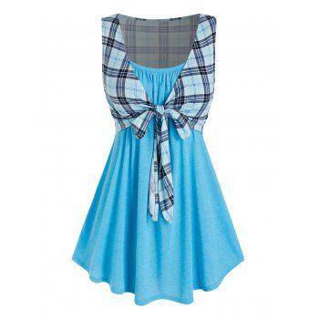 

Plus Size Longline Camisole with Tie Front Plaid Tank Top, Light blue