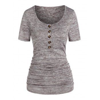 

Space Dye Print Ruched Henley T-shirt, Light coffee