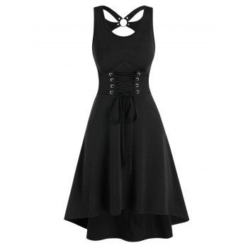 Sleeveless Lace-up High Low Dress, Black