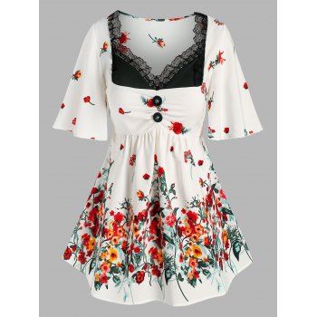 Plus Size Floral Print Lace Insert Mock Button Blouse