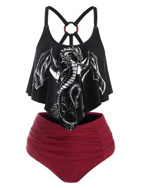 Gothic Swimsuit Dragon Print O Ring Tummy Control Tankini Swimwear