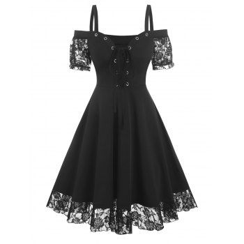 

Flower Lace Insert Lace-up Cold Shoulder Gothic Dress, Black