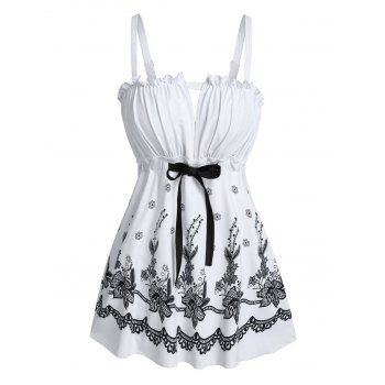 

Plus Size Floral Print Ruched Bust Tankini Swimwear, White