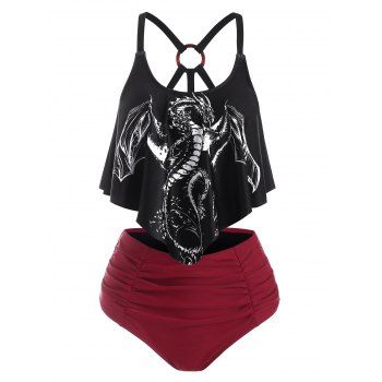 

Tummy Control Tankini Swimwear Gothic Swimsuit Dragon Print O Ring Cut Out Mix and Match Summer Beach Bathing Suit, Black