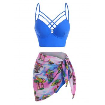 

Vacation Tankini Swimsuit Mushroom Print Bathing Suit Crisscross Underwire Corset Summer Beach Three Piece Swimwear, Multicolor