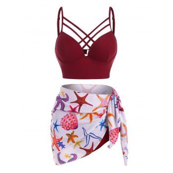 

Vacation Swimsuit Corset Crisscross Underwire Starfish Print Three Piece Bikini Swimwear, Multicolor