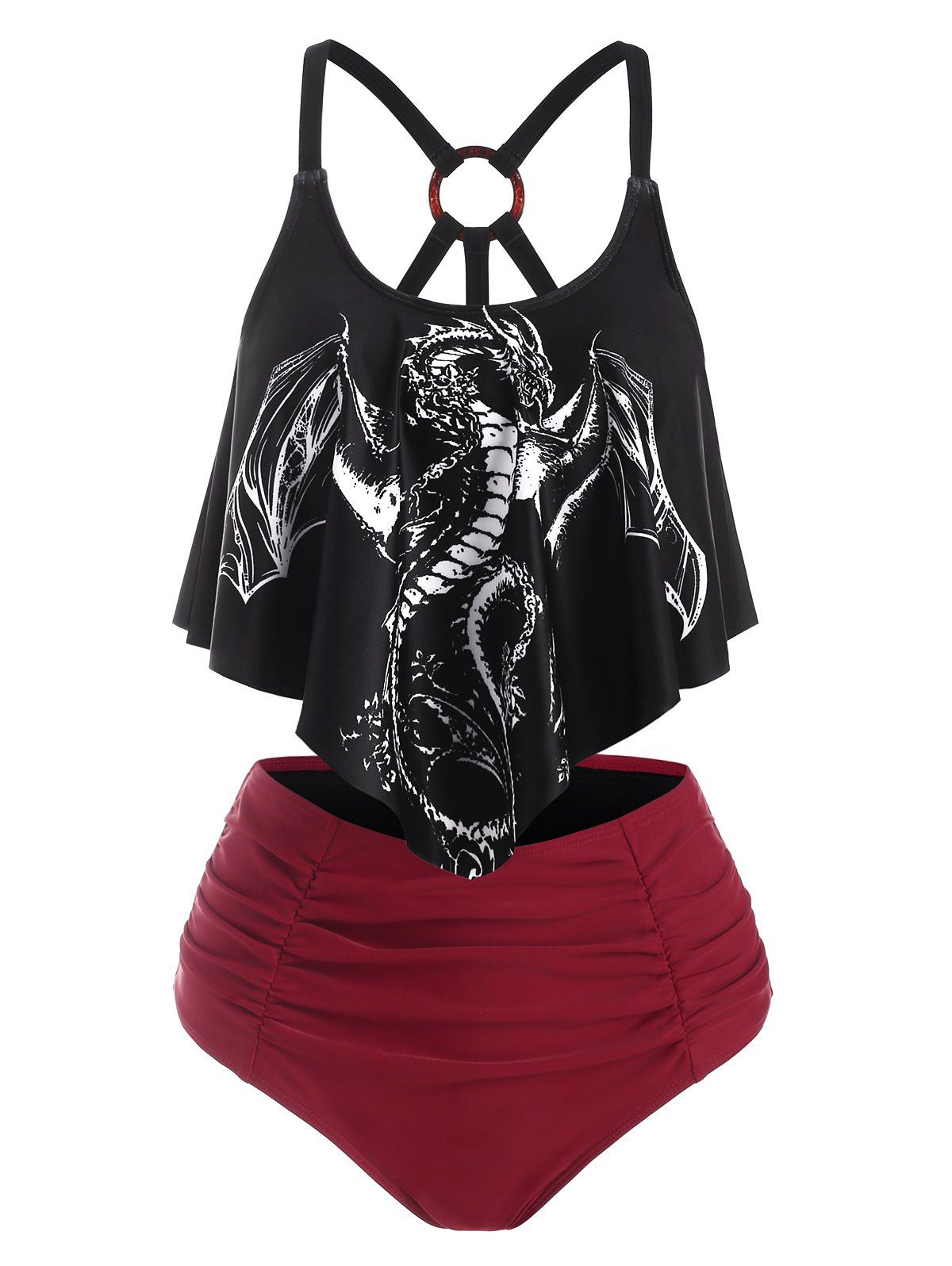 Tummy Control Tankini Swimwear Gothic Swimsuit Dragon Print O Ring Cut Out Mix and Match Summer Beach Bathing Suit - BLACK M