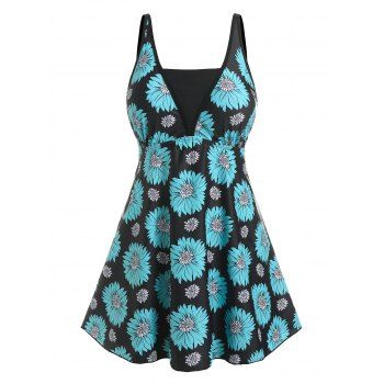 

Plus Size Floral Printed Skirted Tankini Swimwear, Black