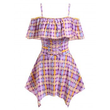 

Plus Size Cold Shoulder Ruffled Plaid Handkerchief Tankini Swimwear, Multicolor