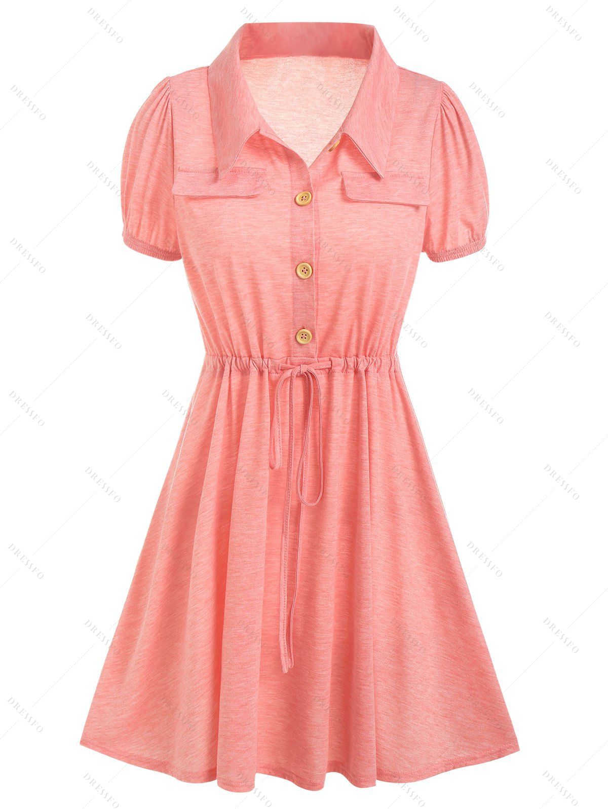 Half Button Toggle Drawstring Heathered Dress - LIGHT PINK L
