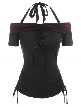 Gothic Halter Cinched Lace Up Off The Shoulder Short Sleeve Tee