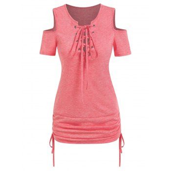 

Cold Shoulder Lace Up Cinched Tee, Light pink