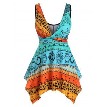 

Plus Size Plunging Neckline Printed Handkerchief Tankini Swimwear, Multicolor