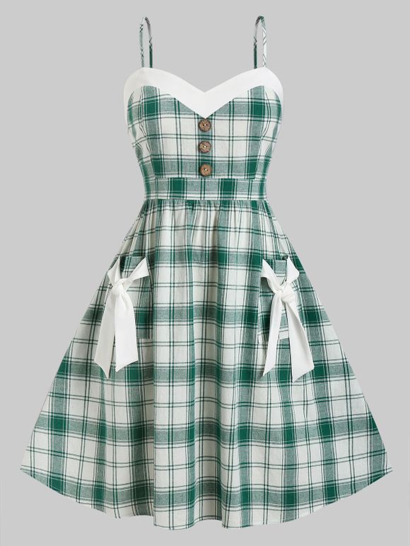 Robe Longueur à Genou à Carreaux avec Nœud Papillon de Grande Taille - Vert 4X