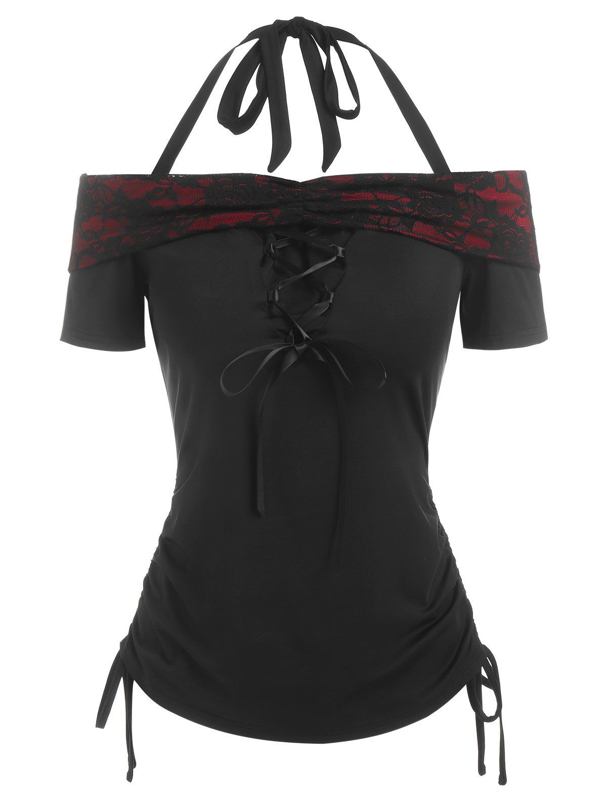 Gothic Halter Cinched Lace Up Tee - BLACK M