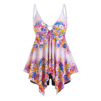 

Plus Size Handkerchief Cinched Floral Print Tankini Swimwear, Light pink