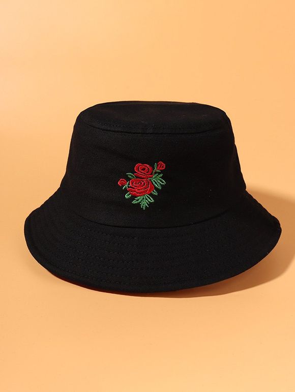 Chapeau Seau Fleur Rose Brodée - Noir 
