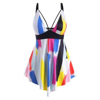 

Plus Size Empire Waist Brush Painting Asymmetric Tankini Swimwear, Multicolor