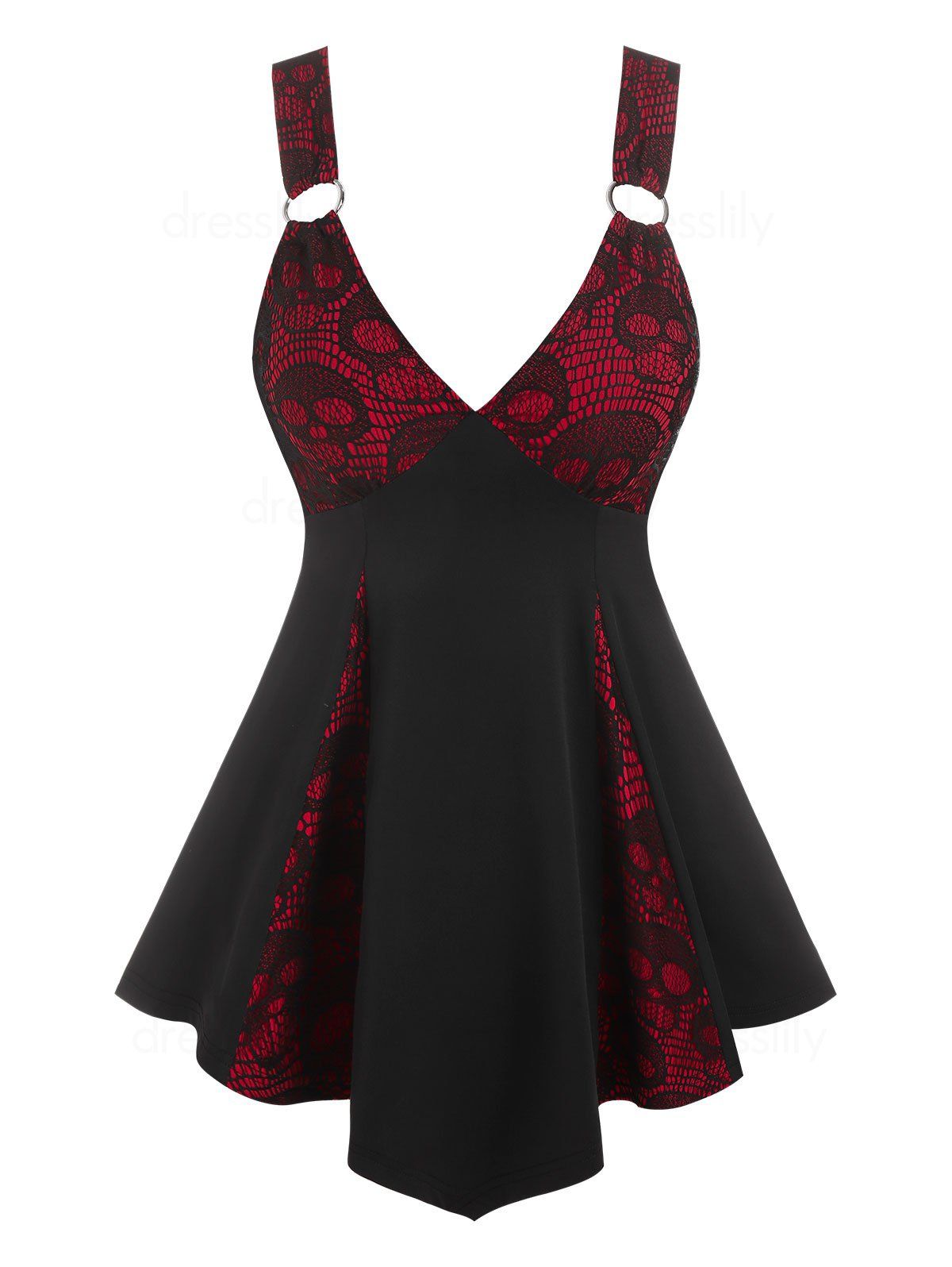 Gothic Plunge Skull Lace Panel Tank Top - DEEP RED M