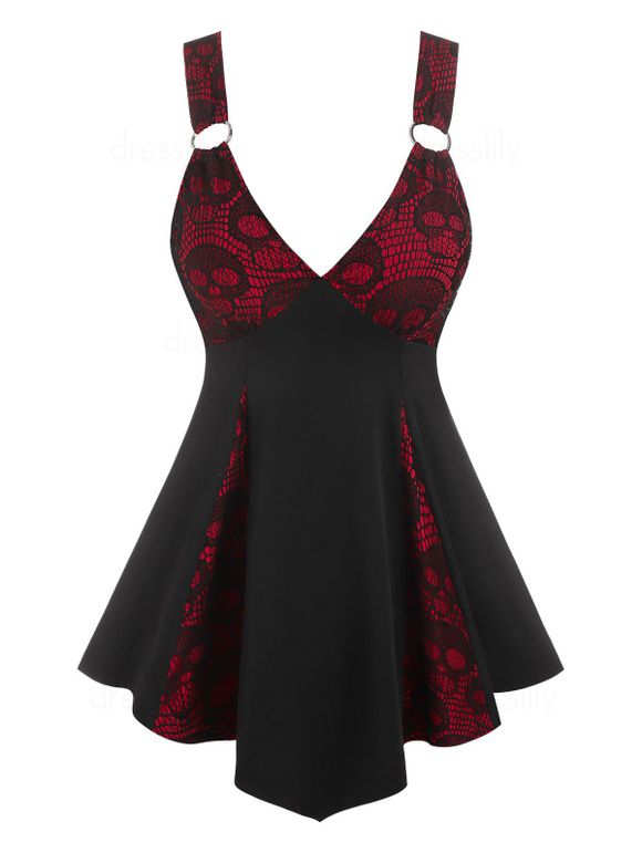 Gothic Plunging V Neck Skull Lace Panel Corset Slit Skirted Tank Top - DEEP RED M
