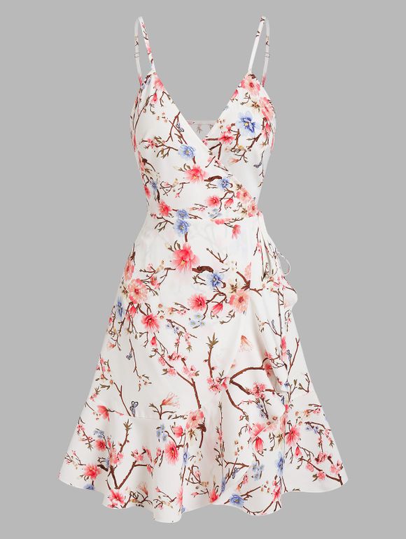 Mini Robe Fleurie Imprimée à Bretelle Nouée à Côté à Volants - Blanc XXXL
