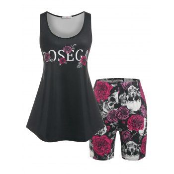 

Plus Size Rose Skull Print Top and Shorts Pajamas Set, Black