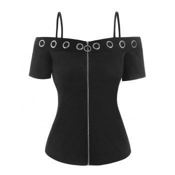 

Grommets Cold Shoulder Full Zip Tee, Black