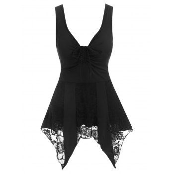 

Flower Lace Insert Cinched Handkerchief Tank Top, Black