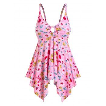 

Plus Size Floral Print Cinched Handkerchief Tankini Swimwear, Light pink