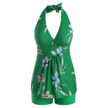 

Flower Print Plunge Halter Empire Waist Tankini Swimwear, Deep green