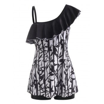 

Bamboo Print Flounce Skew Neck Tankini Swimwear, Black