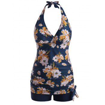 

Flower Print Halter Bowknot Plunge Front Tankini Swimwear, Deep blue