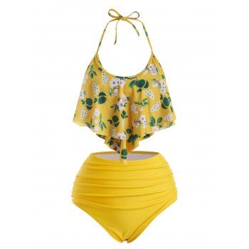 

Flower Print Flounce Overlay Tummy Control Tankini Swimwear, Yellow