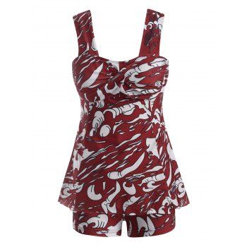 

Printed Twisted Empire Waist Tankini Swimwear, Deep red