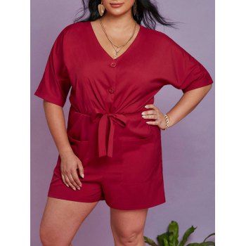 

Plus Size Half Button Wide Leg Romper, Red