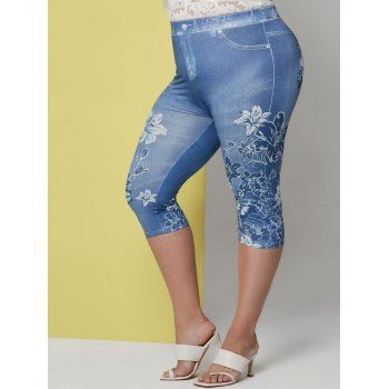 

Plus Size Floral Print Capri Jeggings, Blue