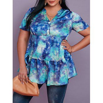 

Plus Size Tie Dye Print Half Button Tiered Blouse, Multicolor