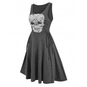 

Gothic Lace Up Skull Lace Insert Heather Knee Length A Line Dress, Gray