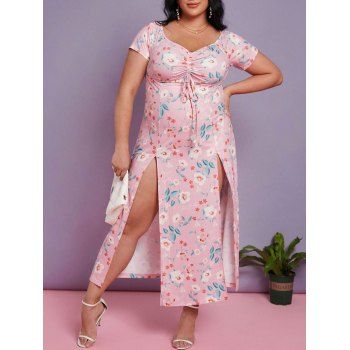 

Plus Size Floral Print Cinched Slit Maxi Dress, Light pink