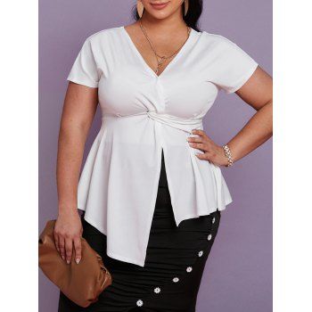 

Plus Size V Neck Twisted Asymmetric T Shirt, White