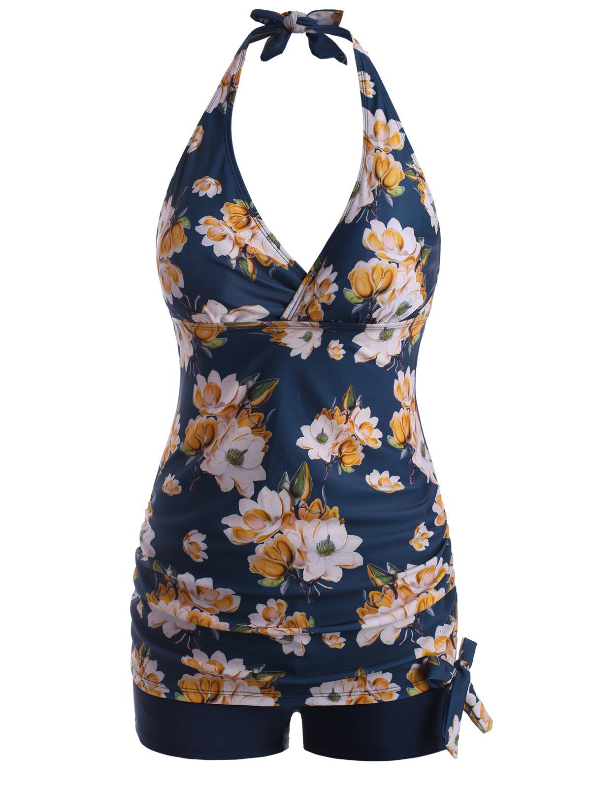Flower Print Halter Bowknot Plunge Front Tankini Swimwear - DEEP BLUE M