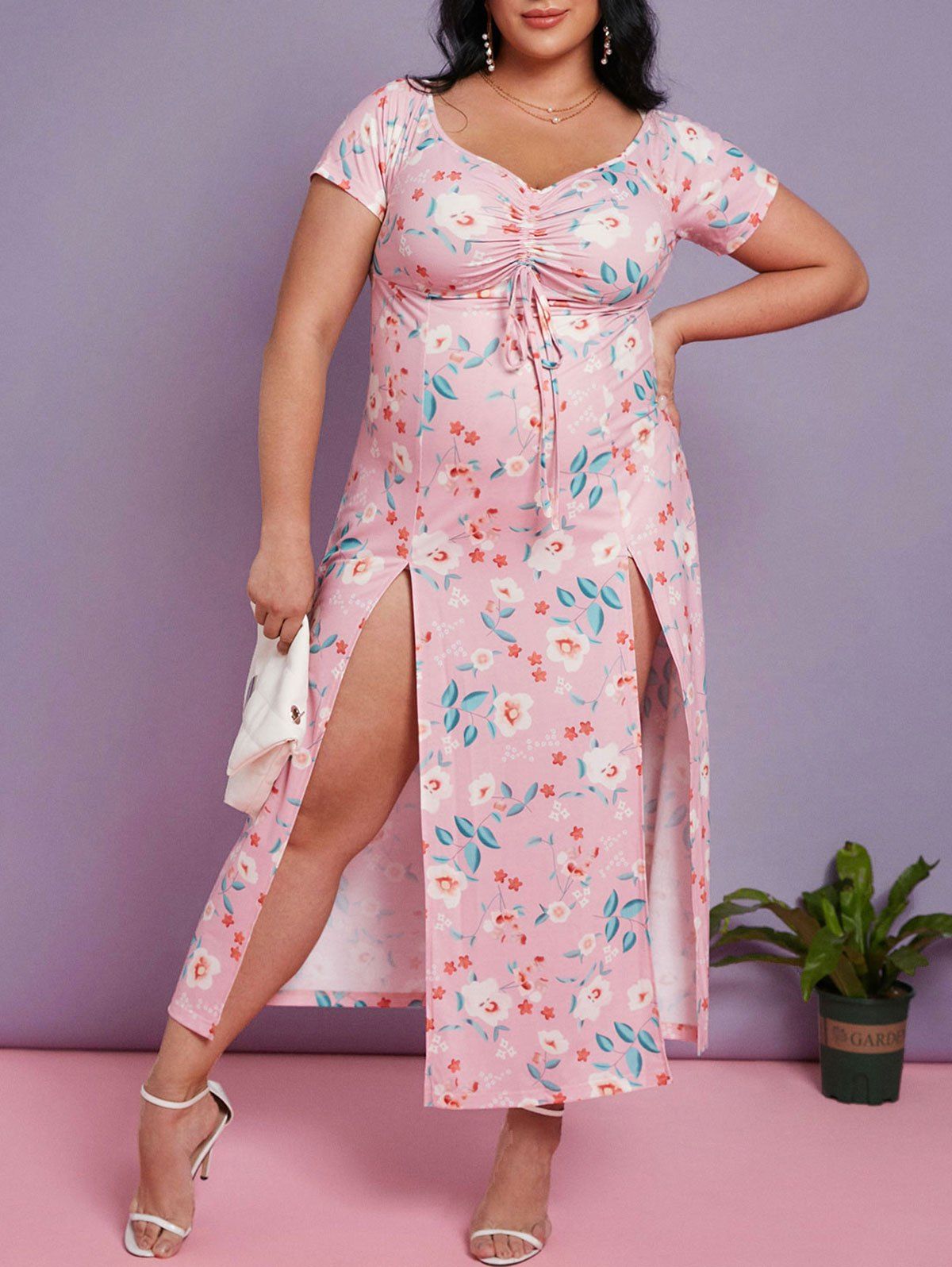 Plus Size Floral Print Cinched Slit Maxi Dress - LIGHT PINK 5X