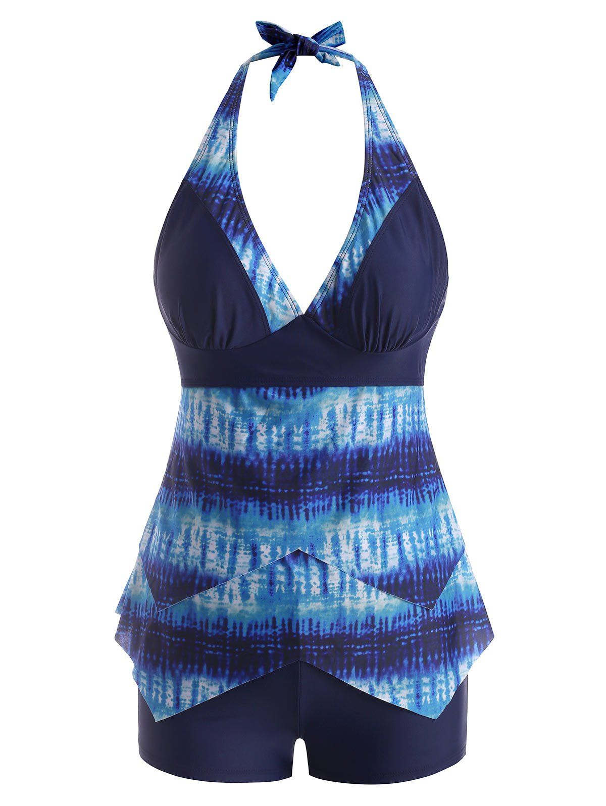 Tie Dye Halter Layered Handkerchief Tankini Swimwear - DEEP BLUE S