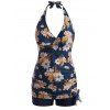 Flower Print Halter Bowknot Plunge Front Tankini Swimwear - DEEP BLUE M