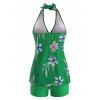Flower Print Plunge Halter Empire Waist Tankini Swimwear - DEEP GREEN S