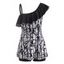 Maillot de Bain Tankini à Imprimé Bambou à Col Oblique à Volants - Noir S