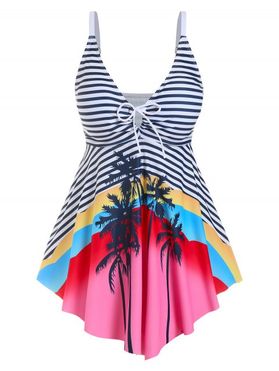 Plus Size Striped Palm Tree Print Tankini Swimwear