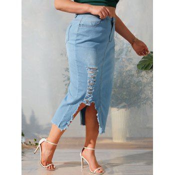 

Ripped Frayed Hem Asymmetrical Plus Size Denim Skirt, Light blue