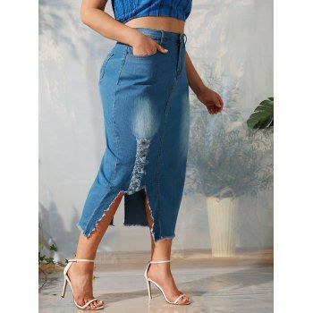 

Ripped Frayed Hem Asymmetrical Plus Size Denim Skirt, Blue