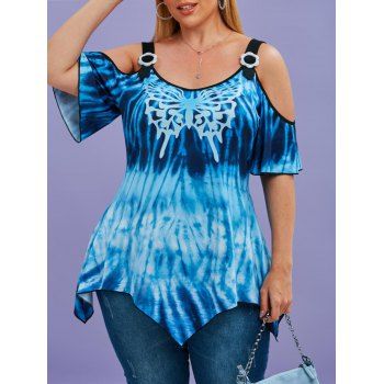 

Tie Dye Butterfly Open Shoulder Handkerchief Plus Size Top, Blue